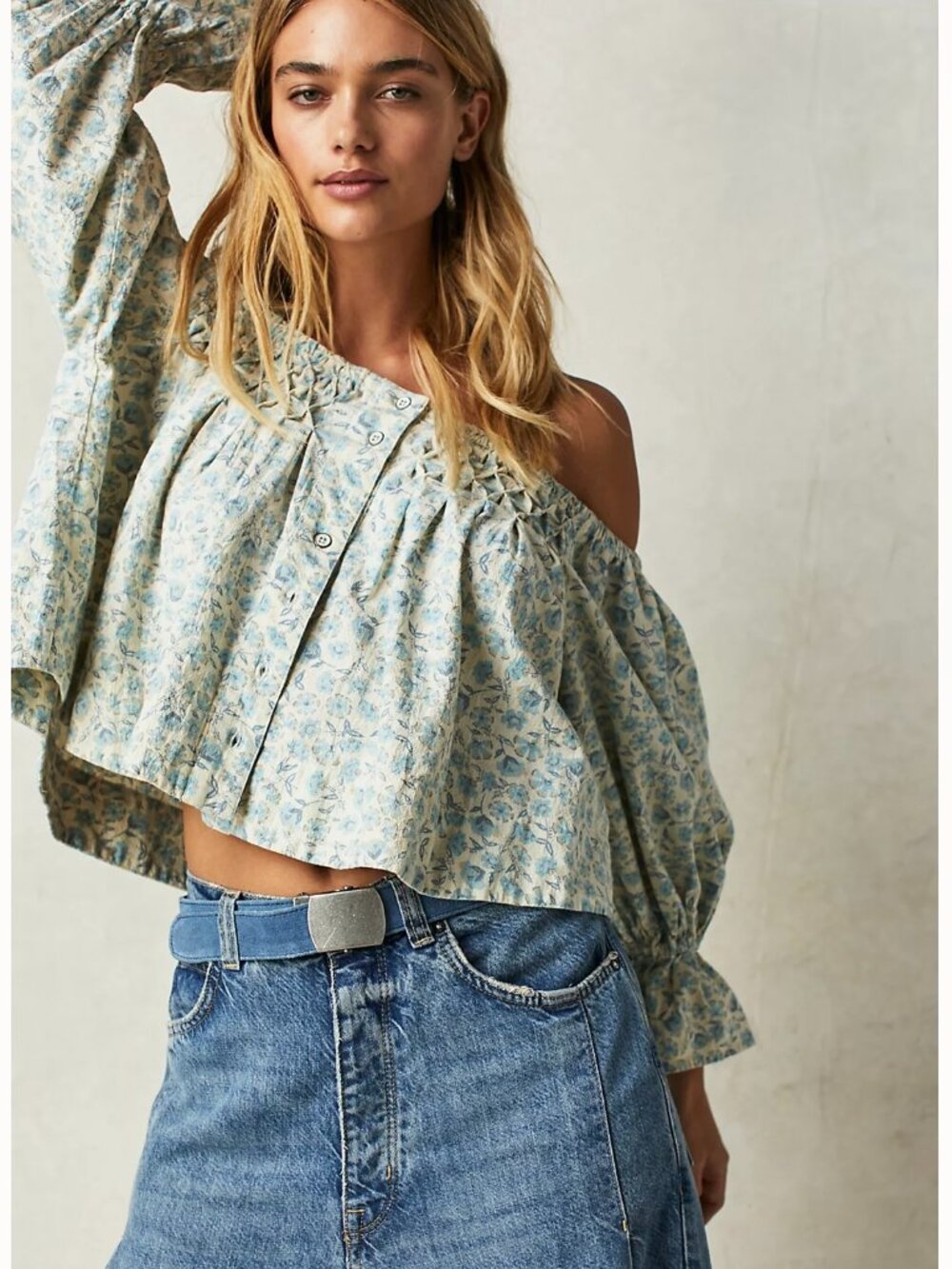 Free People James Top Small Blue Ditsy Floral Cotton Smock Crop Off Shoulder